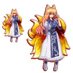 Rule 34 | 1girl, alternate hair length, alternate hairstyle, animal ear fluff, animal ears, ankle cuffs, blonde hair, dress, fox ears, fox tail, full body, gradient hair, hands up, long hair, long sleeves, looking at viewer, multicolored hair, multiple tails, no headwear, outline, pink hair, pixel art, socks, standing, tabard, tail, touhou, transparent background, unk kyouso, white dress, white legwear, wide sleeves, yakumo ran, yellow eyes