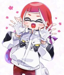 Rule 34 | 1girl, arms up, blush, closed eyes, colored tips, commentary, fangs, fingerless gloves, flower, gloves, highres, inkling, inkling girl, inkling player character, jacket, long hair, multicolored hair, nintendo, open mouth, pants, pointy ears, psya ma, purple hair, red hair, red pants, simple background, skin fangs, smile, solo, splatoon (series), symbol-only commentary, tentacle hair, two-tone hair, white background, white gloves, white jacket
