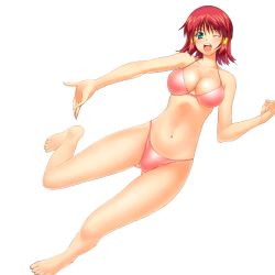 Rule 34 | 1girl, :d, a1 (initial-g), barefoot, bikini, breasts, cleavage, clenched hand, full body, green eyes, hair tubes, large breasts, navel, one eye closed, open mouth, outstretched hand, pink bikini, quiz magic academy, red hair, ruquia, short hair, smile, solo, swimsuit, transparent background, wink
