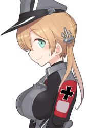 Rule 34 | 1girl, ahenn, aqua eyes, blonde hair, breasts, from side, hair between eyes, hat, kantai collection, large breasts, long hair, long sleeves, military, military hat, military uniform, peaked cap, prinz eugen (kancolle), simple background, smile, solo, uniform, upper body, white background