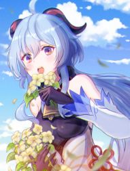 Rule 34 | 1girl, ahoge, bare shoulders, bell, black gloves, blue hair, blue sky, blush, breasts, chinese knot, cloud, detached sleeves, flower, flower knot, ganyu (genshin impact), genshin impact, gloves, gold trim, highres, holding, holding flower, horns, leaf, long hair, looking at viewer, low ponytail, medium breasts, neck bell, open mouth, purple eyes, qingxin flower, rikgen4, sidelocks, sky, solo, upper body, vision (genshin impact), white flower, white sleeves