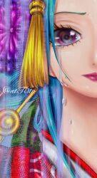 Rule 34 | 1girl, aqua hair, artist name, closed mouth, crying, crying with eyes open, flower, hair flower, hair ornament, hair stick, highres, kouzuki hiyori, lips, lipstick, long hair, looking at viewer, makeup, one piece, purple flower, red lips, smile, solo, streaming tears, stt0tr, tears, third-party source