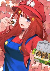 Rule 34 | 1girl, :d, blue eyes, blue overalls, blush, breasts, character print, commentary request, cosplay, eyelashes, fingernails, go-toubun no hanayome, hair between eyes, hair ornament, hand up, hat, highres, holding, holding mushroom, imananashi, incoming gift, large breasts, long hair, long sleeves, looking at viewer, mario, mario (cosplay), mario (series), mushroom, nakano itsuki, nintendo, open mouth, overalls, peaked cap, reaching, reaching towards viewer, red hair, red hat, red shirt, shirt, sidelocks, simple background, smile, solo, star (symbol), star hair ornament, upper body, v-shaped eyebrows