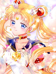 Rule 34 | 1girl, bishoujo senshi sailor moon, bishoujo senshi sailor moon sailor stars, blonde hair, blue eyes, blue sailor collar, brooch, choker, closed mouth, crescent, crescent earrings, crescent facial mark, double bun, earrings, elbow gloves, eternal sailor moon, facial mark, feathers, forehead mark, gloves, hair bun, heart, heart brooch, heart choker, hoshikuzu (milkyway792), jewelry, long hair, looking at viewer, magical girl, parted bangs, red neckwear, sailor collar, sailor moon, sailor senshi uniform, signature, smile, solo, star (symbol), star earrings, tsukino usagi, twintails, upper body, white gloves, white wings, wing brooch, wings
