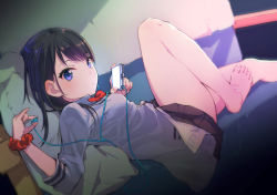 Rule 34 | 10s, 1girl, bare legs, barefoot, black hair, black skirt, blouse, blue eyes, blush, bow, cable divider, cardigan, commentary request, digital media player, earbuds, earphones, feet, from side, gridman universe, highres, long hair, long sleeves, looking at viewer, looking to the side, lying, microskirt, on back, orange scrunchie, pleated skirt, red bow, red neckwear, school uniform, scrunchie, shirt, single earphone removed, skirt, solo, ssss.gridman, sweater, takarada rikka, thighs, toes, uni (plastic girl), white cardigan, white shirt, white sweater, wrist scrunchie