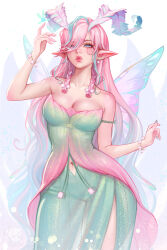 Rule 34 | 1girl, arthropod girl, bare shoulders, blue eyes, bracelet, breasts, dress, eyes visible through hair, hair over one eye, highres, insect girl, insect wings, jewelry, lips, long hair, looking at viewer, medium breasts, moth antennae, moth girl, moth wings, multicolored hair, navel, original, pink hair, pointy ears, prywinko, solo, strapless, strapless dress, streaked hair, two-tone eyes, wings