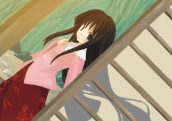 Rule 34 | 1girl, :o, blouse, brown eyes, brown hair, chig (mizusaki), collar, dress, dutch angle, female focus, floating hair, floral print, garden, grass, houraisan kaguya, long sleeves, looking at viewer, mizumisaki, outdoors, parted lips, path, pillar, plant, red dress, road, see-through, shirt, sliding doors, solo, standing, stone, touhou, wind