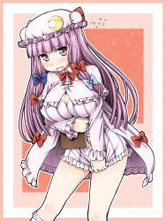 Rule 34 | 1girl, aru ra une, book, breasts, capelet, cleavage, cleavage cutout, clothing cutout, covered erect nipples, covering crotch, covering privates, crescent, dress, dress tug, female focus, hair ribbon, hat, highres, large breasts, long hair, miniskirt, open mouth, patchouli knowledge, pink dress, pink skirt, purple eyes, purple hair, ribbon, short dress, skirt, solo, striped clothes, striped dress, sweatdrop, touhou, wavy mouth