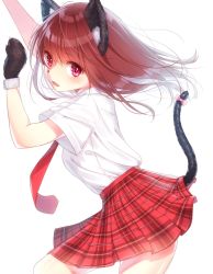 Rule 34 | 1girl, animal ears, animal hands, arms up, bow, breasts, brown hair, cat, cat ears, cat nose, cat paws, cat tail, fang, from side, fur-trimmed gloves, fur trim, gloves, hami yura, highres, leaning forward, leg up, looking at viewer, medium breasts, necktie, open mouth, original, pink bow, pink eyes, plaid, plaid skirt, pleated skirt, red necktie, red skirt, shirt, short sleeves, simple background, skirt, solo, tail, tail bow, tail ornament, white shirt