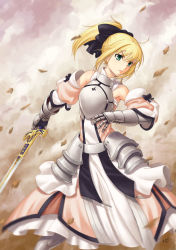 Rule 34 | 00s, 1girl, ahoge, armor, armored dress, armpits, artoria pendragon (fate), bad id, bad pixiv id, bare shoulders, blonde hair, capcom, detached sleeves, dress, fate/stay night, fate/unlimited codes, fate (series), gauntlets, green eyes, hair ribbon, ml.e, ponytail, ribbon, saber (fate), saber lily, short hair, solo, sword, weapon