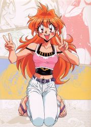 Rule 34 | 1990s (style), 1girl, araizumi rui, armpits, belt, blush, breasts, brown eyes, casual, cleavage, contemporary, crop top, denim, feet, headband, highres, jeans, kneeling, lina inverse, long hair, midriff, nail polish, navel, non-web source, off shoulder, one-piece swimsuit, orange hair, pants, pink nails, red eyes, red hair, retro artstyle, sandals, slayers, solo, swimsuit, tank top, toenail polish, toenails, v