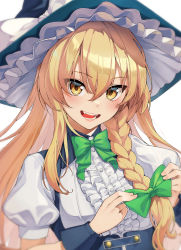 Rule 34 | 1girl, :d, blonde hair, blurry, bow, bowtie, braid, commentary request, depth of field, green bow, green bowtie, hair between eyes, hair bow, hair ribbon, hat, highres, kabu (niniko2ko), kirisame marisa, long hair, looking at viewer, open mouth, ribbon, side braid, simple background, single braid, smile, solo, teeth, tongue, touhou, tress ribbon, upper body, very long hair, white background, witch hat, yellow eyes