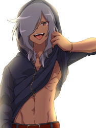 Rule 34 | 1boy, bracelet, clothes lift, dark-skinned male, dark skin, grey hair, hair over one eye, haizaki ryouhei, highres, inazuma eleven, inazuma eleven (series), jewelry, lifted by self, long hair, looking at viewer, male focus, naughty face, open mouth, red eyes, shiroabe, shirt, shirt lift, simple background, smile, toned, toned male, tongue, tongue out, white background