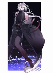 Rule 34 | 1boy, a date with death, bare shoulders, belt, black gloves, casper (a date with death), coat, full body, gloves, highres, jacket, long hair, male focus, moonplls, night, night sky, outdoors, pants, red eyes, scythe, sky, sleeveless, solo, white hair