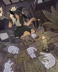 Rule 34 | 1girl, bandaid, bandaid on knee, bandaid on leg, black hair, black skirt, book, candle, cat, chair, computer, crescent, drawing, erlenmeyer flask, fire, fire, flask, ghost, glasses, hat, highres, holding, holding paintbrush, holding phone, jar, laptop, looking at phone, magic, notebook, original, paintbrush, paper, phone, photo (object), plant, pleated skirt, seiza, shirt, simz, sitting, skirt, skull, t-shirt, table, white shirt, window, witch, witch hat