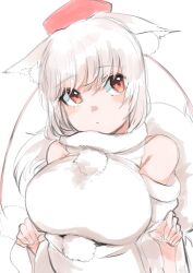 Rule 34 | 1girl, animal ear fluff, animal ears, blush, breasts, commentary request, detached sleeves, floppy ears, hat, highres, inubashiri momiji, large breasts, looking to the side, medium bangs, open mouth, pom pom (clothes), red eyes, red hat, shirt, short hair, simple background, sleeveless, sleeveless shirt, solo, tail, tokin hat, touhou, upper body, white background, white hair, white shirt, white sleeves, wolf ears, wolf girl, wolf tail, yoyoiro (sysi20)
