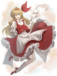 Rule 34 | 1girl, apron, blonde hair, bow, buttons, cat, dress, ellen (touhou), frilled skirt, frills, full body, hair bow, highres, long hair, open mouth, otoshiro kosame, phantasmagoria of dim.dream, red bow, red footwear, red skirt, red vest, shirt, short sleeves, simple background, skirt, sokrates (touhou), touhou, touhou (pc-98), vest, white apron, white shirt, yellow eyes