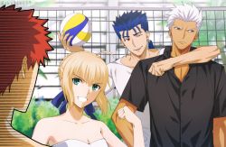 Rule 34 | 1girl, 3boys, akujiki59, archer (fate), arm around neck, artoria pendragon (all), artoria pendragon (fate), ball, blonde hair, blue hair, breasts, cleavage, clenched hand, collarbone, collared shirt, commentary request, cu chulainn (fate), cu chulainn (fate/stay night), dark-skinned male, dark skin, day, emiya shirou, fate (series), green eyes, hand up, holding, holding ball, multiple boys, orange hair, outdoors, ponytail, saber (fate), shirt, short hair, spiked hair, strapless, tube top, white hair, white shirt