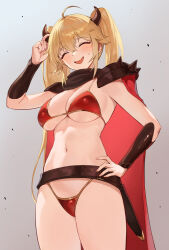 Rule 34 | 1girl, :d, ^ ^, ahoge, armor, azur lane, belt, bikini, bikini armor, blonde hair, bluecher (azur lane), bluecher (skyward burning love) (azur lane), breasts, brown belt, brown horns, cape, closed eyes, gradient background, grey background, hair between eyes, hand on own hip, highres, horns, jason kim, large breasts, long hair, navel, official alternate costume, open mouth, red bikini, red cape, smile, solo, standing, swimsuit
