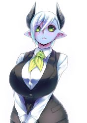 1girl absurdres black_sclera blue_skin breasts colored_sclera colored_skin demon_girl demon_horns dress_shirt eyes_visible_through_hair female_focus green_eyes hair_between_eyes highres horns huge_breasts looking_at_viewer musuko_ga_kawaikute_shikatanai_mazoku_no_hahaoya parted_lips pointy_ears shirt short_hair slit_pupils solo teresa_(mazohaha) v_arms vest white_background white_hair zyugoya