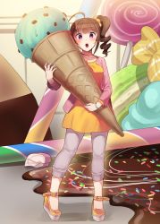 Rule 34 | 1girl, :o, ahoge, aqua nails, bangle, blunt bangs, blush, bracelet, brown hair, candy, dress, drill hair, food, full body, grey pants, hair ornament, hair scrunchie, highres, holding, holding food, ice cream, ice cream cone, idolmaster, idolmaster million live!, jacket, jewelry, kamille (vcx68), lollipop, long sleeves, looking at viewer, macaron, mini person, minigirl, nail polish, open clothes, open jacket, open mouth, orange dress, orange footwear, pants, pink eyes, pink jacket, scrunchie, side ponytail, solo, sprinkles, standing, strappy heels, sweets, yokoyama nao