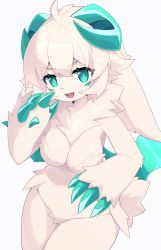 Rule 34 | 1girl, absurdres, animal ears, animal hands, animal nose, antenna hair, aqua eyes, aqua horns, body fur, breasts, bright pupils, claws, cleavage, completely nude, cowboy shot, dev voxy, extra eyes, female focus, furry, furry female, grey background, groin, hand up, happy, highres, horns, long hair, looking at viewer, medium breasts, navel, neck fur, nude, open mouth, original, pawpads, sharp teeth, shiny skin, sidelocks, simple background, smile, solo, standing, stomach, teeth, thighs, v-shaped eyebrows, white fur, white hair, white pupils
