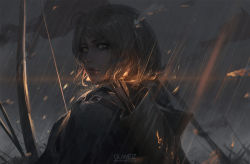 Rule 34 | 1girl, arrow (projectile), bow (weapon), brown hair, closed mouth, deviantart username, feather hair ornament, feathers, guweiz, feather hair ornament, holding, holding weapon, hood, hood down, lips, looking at viewer, original, outdoors, quiver, rain, short hair, solo, sparks, upper body, weapon, yellow eyes