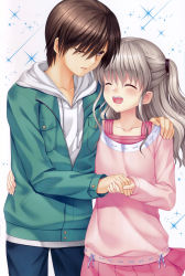 Rule 34 | 1boy, 1girl, :d, absurdres, blue pants, brown hair, charlotte (anime), closed eyes, collarbone, couple, cowboy shot, floating hair, green jacket, grey background, hair between eyes, hand on another&#039;s hip, hand on another&#039;s shoulder, highres, holding hands, hood, hood down, hooded sweater, jacket, long hair, long sleeves, miniskirt, na-ga, one eye closed, one side up, open clothes, open jacket, open mouth, otosaka yuu, pants, pink shirt, pink skirt, pleated skirt, shirt, silver hair, skirt, smile, standing, sweater, tomori nao, white sweater