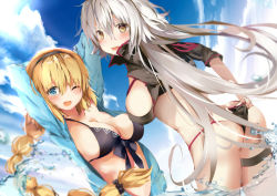 Rule 34 | 2girls, ;d, adjusting clothes, adjusting swimsuit, arms up, ass, bad id, bad pixiv id, black jacket, blonde hair, blue eyes, blue jacket, blue sky, blush, braid, breasts, brown eyes, cleavage, cloud, commentary request, day, dutch angle, fate/grand order, fate (series), hair between eyes, head tilt, jacket, jeanne d&#039;arc alter (swimsuit berserker) (fate), jeanne d&#039;arc (fate), jeanne d&#039;arc (ruler) (fate), jeanne d&#039;arc (swimsuit archer) (fate), jeanne d&#039;arc (swimsuit archer) (first ascension) (fate), jeanne d&#039;arc alter (fate), jeanne d&#039;arc alter (swimsuit berserker) (fate), large breasts, long hair, long sleeves, looking at viewer, looking back, multiple girls, one eye closed, open clothes, open jacket, open mouth, outdoors, pon (ponidrop), round teeth, short sleeves, shrug (clothing), silver hair, single braid, sky, smile, standing, swimsuit, teeth, upper teeth only, very long hair, water