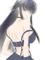 Rule 34 | 1girl, aquaplus, back, backless outfit, bare shoulders, black hair, blue eyes, breasts, choker, cleavage, closed mouth, crop top, dboy0577, from behind, hime cut, large breasts, long hair, looking at viewer, off shoulder, raised eyebrows, sidelocks, sleeveless, smile, solo, toned, toned female, touma kazusa, upper body, very long hair, white album, white album (series), white album 2