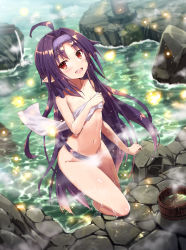 Rule 34 | 1girl, :d, ahoge, blush, breasts, bucket, collarbone, commentary request, completely nude, convenient censoring, covering privates, covering breasts, gabiran, hair intakes, hairband, hand up, head tilt, lens flare, light particles, long hair, looking at viewer, navel, nude, onsen, open mouth, parted bangs, pointy ears, purple hair, purple hairband, red eyes, rock, sidelocks, small breasts, smile, solo, sparkle, steam, steam censor, stomach, sword art online, sword art online: code register, teeth, towel, upper teeth only, very long hair, wading, wet, wet hair, white towel, wooden bucket, yuuki (sao)