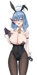 Rule 34 | 1girl, :d, absurdres, ako (blue archive), alternate costume, animal ears, arm at side, arm strap, bare shoulders, bell, black gloves, black hairband, black leotard, blue archive, blue hair, blush, breasts, brown pantyhose, clipboard, cowbell, detached collar, ear piercing, fake animal ears, gloves, groin, hairband, halo, hangetsu15, highres, holding, holding clipboard, large breasts, leotard, looking at viewer, medium hair, neck bell, open mouth, pantyhose, piercing, playboy bunny, rabbit ears, simple background, smile, solo, thighs, white background, wrist cuffs