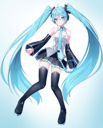 Rule 34 | 1girl, absurdres, ahoge, black footwear, black skirt, black sleeves, blue background, blue eyes, blue hair, blue necktie, blue trim, blush, boots, closed mouth, collared shirt, commentary, detached sleeves, dress shirt, floating hair, full body, gradient background, hair between eyes, hair ornament, hatsune miku, headphones, headset, highres, long hair, long sleeves, looking at viewer, microphone, miniskirt, necktie, pleated skirt, procrastinator, procrastinator39, shirt, skirt, sleeveless, sleeveless shirt, smile, solo, thigh boots, thighhighs, twintails, very long hair, vocaloid, white background, white shirt, wing collar, zettai ryouiki