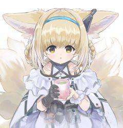 Rule 34 | 1girl, :o, animal ear fluff, animal ears, apron, arknights, bare shoulders, black gloves, blonde hair, blue hairband, braid, braided hair rings, commentary request, cup, fox ears, fox girl, fox tail, frilled skirt, frills, gloves, green tea, hair between eyes, hair rings, hairband, highres, holding, holding cup, kataageteto, kitsune, looking at viewer, material growth, multicolored hair, oripathy lesion (arknights), parted lips, pleated skirt, purple skirt, shirt, simple background, single glove, skirt, solo, suzuran (arknights), tail, tea, twin braids, two-tone hair, waist apron, white apron, white background, white hair, white shirt, yellow eyes, yunomi