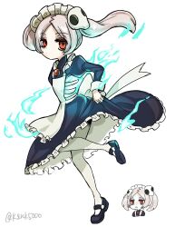 Rule 34 | 1girl, apron, bloody marie (skullgirls), brooch, closed mouth, dot mouth, dress, energy, fire, frilled apron, frilled dress, frills, full body, grey hair, hair ornament, half-closed eyes, highres, jewelry, looking at viewer, maid headdress, mary janes, multiple views, pantyhose, red eyes, ribs, shoes, skeleton, skull hair ornament, skullgirls, solo, twintails