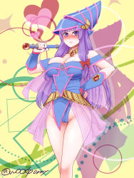 Rule 34 | 1girl, bad id, bad pixiv id, bare shoulders, blush, boots, breasts, cameltoe, cleavage, cosplay, dark magician girl, dark magician girl (cosplay), detached sleeves, hat, highres, large breasts, patchouli knowledge, pentacle, purple eyes, purple hair, solo, staff, touhou, twitter username, woodporry, yu-gi-oh!
