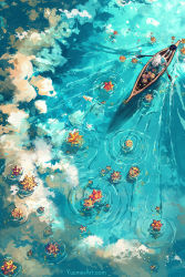 Rule 34 | 1girl, animal, black cat, blue dress, boat, cat, cloud, commentary, dress, english commentary, facing away, floating, highres, lake, long hair, original, reflection, ripples, rowboat, rowing, sitting, small stellated dodecahedron, solo, star (symbol), water, watercraft, watermark, web address, white hair, yuumei