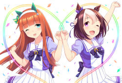 Rule 34 | 2girls, ;d, animal ears, arm up, blouse, blunt bangs, blush, bow, bowtie, braid, breasts, brown hair, collarbone, commentary request, confetti, ear covers, ear ribbon, floating hair, french braid, frilled skirt, frills, green eyes, hair between eyes, hair bow, hair ribbon, hairband, hands up, head tilt, heart, high-waist skirt, highres, hime cut, horse ears, horse girl, long hair, looking at viewer, multicolored hair, multiple girls, one eye closed, open mouth, orange hair, outstretched arm, pinky swear, pleated skirt, puffy short sleeves, puffy sleeves, purple bow, purple bowtie, purple eyes, purple ribbon, purple shirt, ribbon, school uniform, shirt, short hair, short sleeves, sidelocks, silence suzuka (umamusume), simple background, skirt, small breasts, smile, special week (umamusume), standing, straight hair, tareme, tomo (tmtm mf mf), two-tone hair, umamusume, white background, white hair, white hairband, white skirt