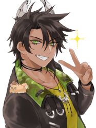 Rule 34 | 1boy, aragami oga, black choker, black hair, black jacket, choker, chungami, collarbone, creature, crew neck, dark-skinned male, dark skin, dog, green eyes, grin, hair between eyes, highres, holostars, horns, jacket, jewelry, looking at viewer, male focus, medium hair, mioto (tsubsq m), official alternate costume, open clothes, open jacket, padded jacket, pendant, pomekorokke, pomeranian (dog), sharp teeth, shirt, simple background, smile, solo, sparkle, spiked hair, teeth, upper body, v, virtual youtuber, white background, wristband, yellow shirt