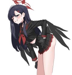 Rule 34 | 1girl, ahoge, asymmetrical bangs, bare legs, bent over, black choker, black gloves, black hair, black sailor collar, black serafuku, black skirt, black wings, blue archive, blush, breasts, choker, cowboy shot, crop top, feathered wings, fried bocky, from side, gloves, grey eyes, grin, hair behind ear, hair ornament, hairclip, halo, hand on own hip, hand on own thigh, highres, ichika (blue archive), leaning forward, long hair, long sleeves, looking at viewer, looking to the side, low wings, medium breasts, midriff, midriff peek, miniskirt, neckerchief, one eye closed, red halo, red neckerchief, sailor collar, school uniform, serafuku, sideways glance, simple background, skirt, smile, solo, sweat, underbutt, unusually open eyes, white background, wings