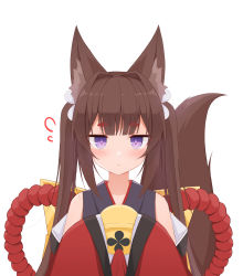 Rule 34 | 1girl, absurdres, amagi-chan (azur lane), animal ears, azur lane, ball, blunt bangs, blush, brown hair, commentary, eyeshadow, flying sweatdrops, fox ears, fox girl, fox tail, highres, holding, holding ball, japanese clothes, kimono, kitsune, long hair, long sleeves, looking at viewer, makeup, off shoulder, purple eyes, rope, shasha (shasha159357), shimenawa, sidelocks, simple background, solo, tail, thick eyebrows, twintails, white background, wide sleeves