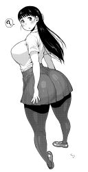 Rule 34 | 1girl, :o, ?, ass, bad id, bad pixiv id, breasts, greyscale, highres, large breasts, long hair, monochrome, original, pantyhose, parted lips, simple background, skirt, solo, spoken question mark, synecdoche, thick thighs, thighs, white background