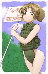 Rule 34 | 1girl, absurdres, bad id, bad tinami id, bare shoulders, blush, dead people, highres, holding, holding sign, light brown hair, long hair, minabe tetsumi, naked plate carrier, original, placard, bulletproof vest, ponytail, sign, solo, sweatdrop, tears, translated, wavy mouth, yellow eyes