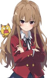 Rule 34 | 1girl, aisaka taiga, black neckwear, black ribbon, blue skirt, blush, brown hair, buttoned cuffs, buttons, closed mouth, crossed bangs, highres, long hair, long sleeves, looking at viewer, oohashi high school uniform, rauto, red eyes, ribbon, school uniform, simple background, skirt, solo, tiger, toradora!, white background