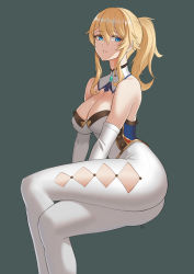 Rule 34 | 1girl, absurdres, bare shoulders, blonde hair, blue eyes, blush, breasts, cleavage, detached sleeves, genshin impact, gloves, hair between eyes, high ponytail, highres, jean (genshin impact), large breasts, long hair, looking at viewer, pants, parted lips, ponytail, redcola666, sidelocks, signature, simple background, sitting, solo, tight clothes, white pants