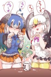 Rule 34 | 10s, 2girls, bird tail, bird wings, black-tailed gull (kemono friends), black hair, blue bow, blue hair, blush, bow, bowtie, breasts, bulge, clothes pull, commentary request, cum, cum in container, cum in cup, cup, dress, erection, erection under clothes, frilled dress, frills, futanari, hair between eyes, hands up, head wings, highres, kemono friends, large breasts, lips, long hair, long sleeves, looking at viewer, multicolored hair, multiple girls, open mouth, panties, panty pull, pantyhose, pantyhose pull, paw pose, peacock feathers, peafowl (kemono friends), purple bow, red eyes, short hair, short sleeves, skirt, smile, standing, table, tail, tanaka kusao, teeth, translated, underwear, upper teeth only, white hair, white legwear, white panties, wings, wristband, yellow eyes, yellow legwear