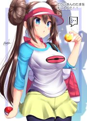 Rule 34 | ..., 1girl, black pantyhose, blue eyes, blush, breasts, brown hair, creatures (company), double bun, game freak, gold, hair bun, highres, large breasts, low twintails, mokufuu, nintendo, nugget (pokemon), pantyhose, pantyhose under shorts, poke ball, poke ball (basic), pokemon, pokemon bw2, rosa (pokemon), shirt, short shorts, shorts, solo, sweatdrop, thought bubble, twintails, visor cap, yellow shorts