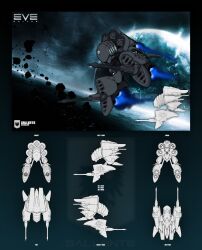 Rule 34 | 3d, asteroid, character sheet, commentary, concept art, copyright name, emblem, eve online, flying, frigate (eve online), from side, gallente federation (eve online), glowing, highres, in orbit, logo, military vehicle, multiple views, no humans, original, outdoors, planet, rock, science fiction, space, spacecraft, thrusters, vehicle focus, xeno-striker
