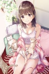 Rule 34 | 1girl, :d, absurdres, animal, bare shoulders, blunt bangs, blush, breasts, brown eyes, brown hair, camisole, cat, cleavage, collarbone, commentary request, hair ornament, hairclip, highres, indoors, long hair, looking at viewer, matsuzaki miyuki, medium breasts, navel, open mouth, original, pillow, plaid, plaid scarf, scarf, short shorts, shorts, sitting, smile, solo, spaghetti strap, stomach, teeth, wool