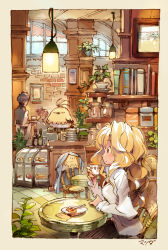 Rule 34 | 1boy, 2girls, annie belton, artist name, bird, blonde hair, book, bookshelf, border, bottle, chair, coffee, cup, closed eyes, holding, holding cup, indoors, lamp, long hair, matsuda (matsukichi), multiple girls, original, photo (object), plant, potted plant, profile, restaurant, saucer, sitting, sleeping, solo focus, table, teacup, wavy hair